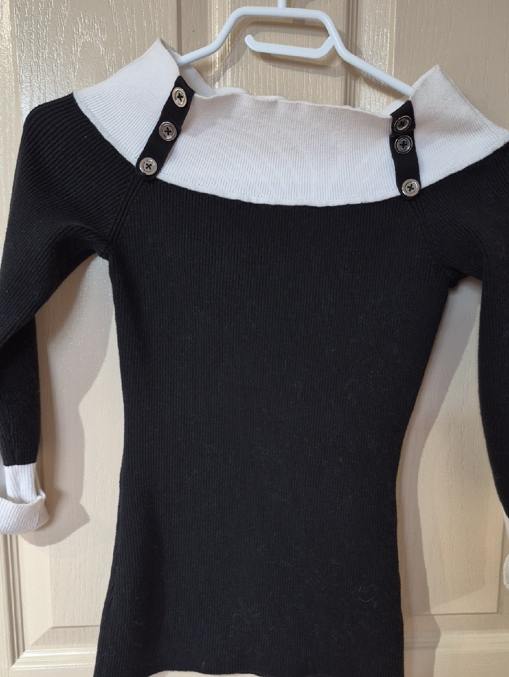 White House Black Market Black & White Off-Shoulder Button Strap Sweater - Picture 2 of 8